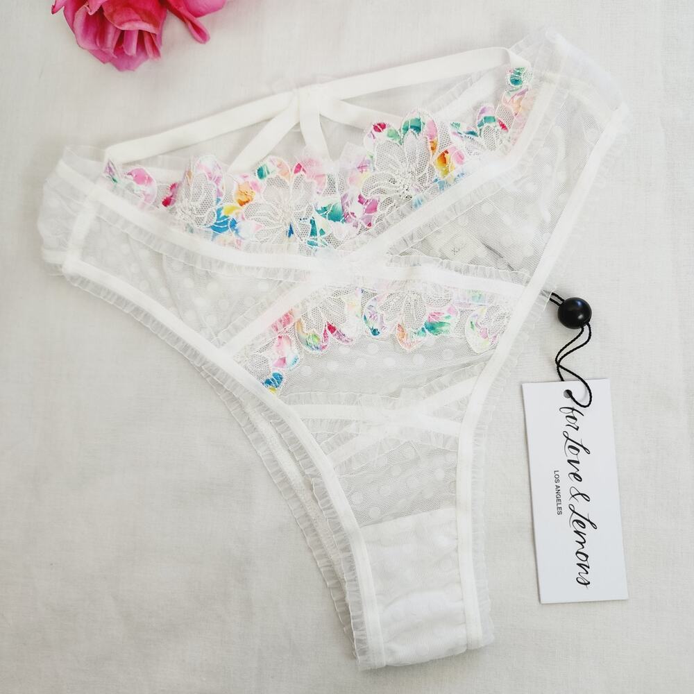 For Love & Lemons Outline Floral High Waisted Lace Panty NWT White Rainbow XXS